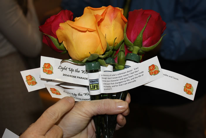 Roses with special messages written to Julie Allred's donor.