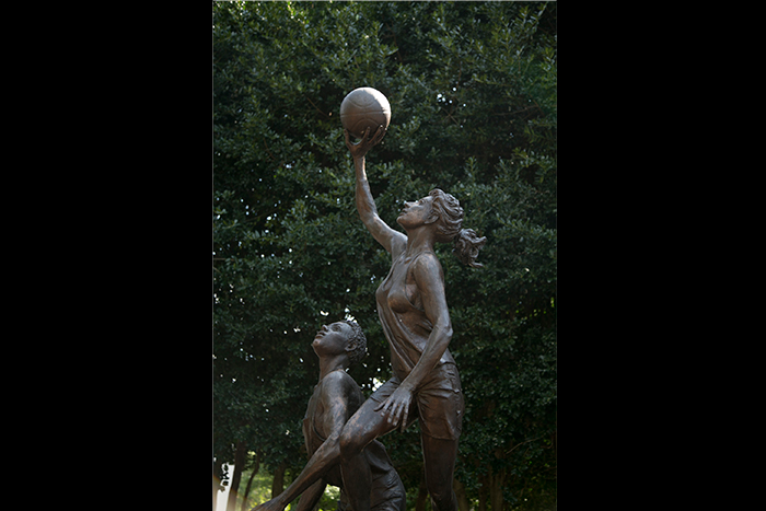 "An American Dream" is on the east side of the Woodruff Physical Education Center. The 9-foot-tall sculpture by Wayne Southwick is of a young woman and young man playing basketball; the woman is scoring