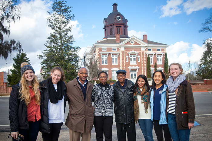 After sharing a meal at a local diner, the group posed for a photo before saying goodbye. From left, they are Cold Cases Project students Ellie Studdard (who found the grave) and Emily Gaines; Tony Williams, son of Dorothy Nixon Williams; Dorothy Williams, daughter of Isaiah Nixon; her husband, Sam Williams; and students Sarah Husain, Emily Li and Lucy Baker.