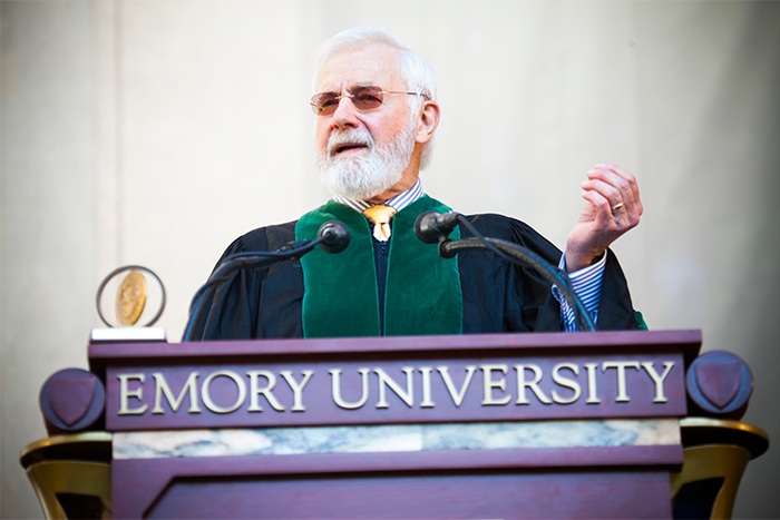 Renowned epidemiologist William Foege gives the keynote address after receiving the Emory President's Medal.