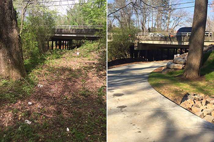 A side-by-side before and after of the the new PATH trail. The before shows a trees, grass and wilderness under the Clairmont Road bridge. The after shows a large concrete trail running under the bridge.