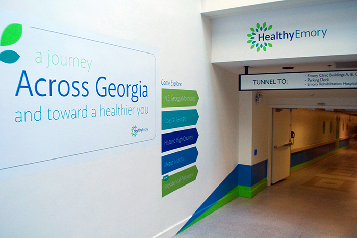 The tunnels connecting Emory Healthcare facilities along Clifton Road are open to all employees and feature murals with fitness tips, healthy recipes and scenes from across Georgia.