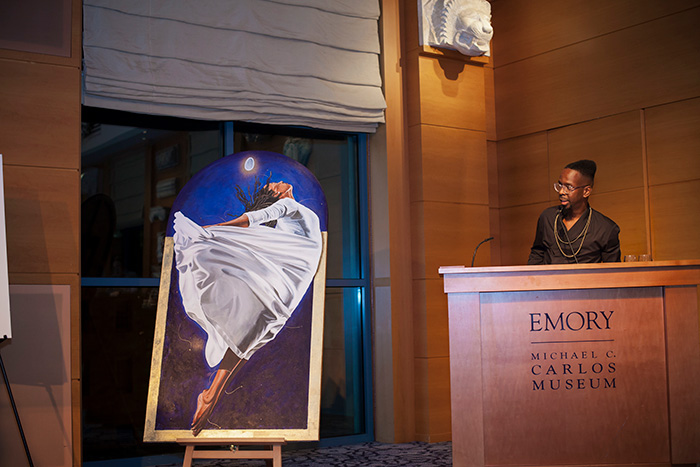 "As the Emory community embarks on a new dawn, I hope this piece will serve as a reminder and source of inspiration," Fahamu Pecou told the audience gathered for the unveiling of "Emerge."