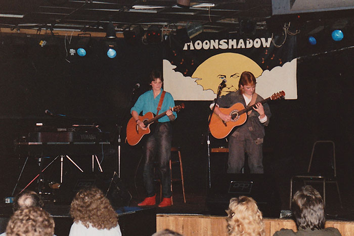 Indigo Girls Amy Ray and Emily Saliers on stage at the Moonshadow Saloon in Atlanta while both were students at Emory.