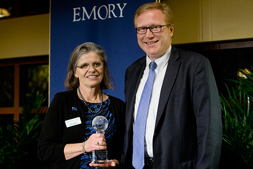 Kate Piasecki, winner of the 2015 International Outreach Award, poses with Philip Wainwright, vice provost for global strategy and initiatives at Emory.