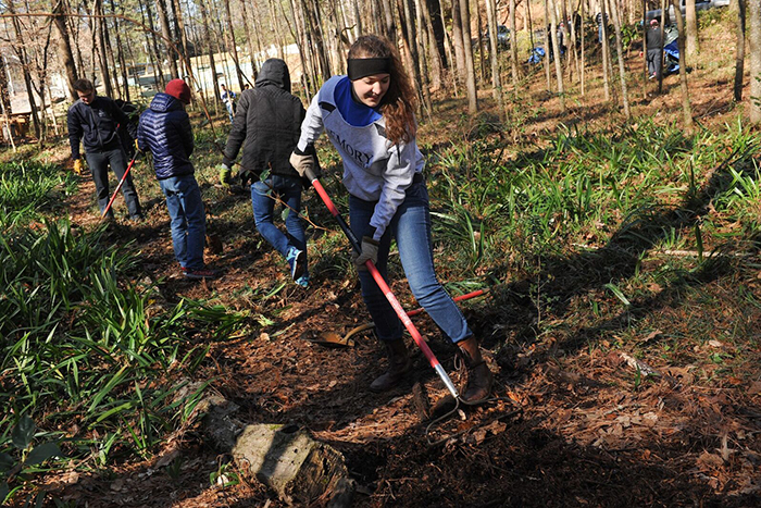 At Atlanta's Kittredge Park, students weeded and mulched trails and helped with removal of invasive plant species.