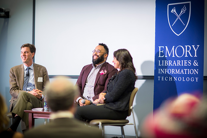 Emory professors Joe Crespino, Kevin Young and Natasha Trethewey discuss poetry and history at the "Neil Asks" event.