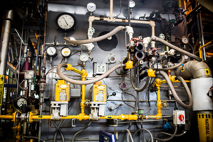 Pipes and controls at steam plant