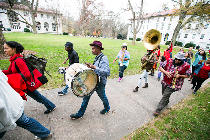 In addition to Quilt on the Quad, Emory recognized the day with a parade,  led by the Mausiki Scales Common Ground Collective Band, an Afrobeat band that explores musical styles from West Africa.