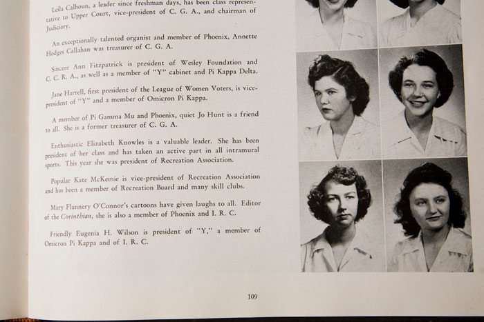Georgia State College for Women 1945 yearbook, "Spectrum," of which O'Connor was the artistic director, containing O'Connor's sketches and school photo. 