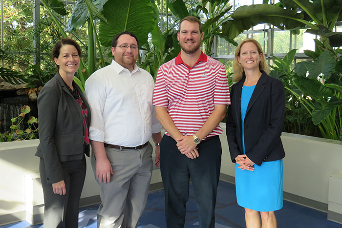 The day started with a tour of Emory's WaterHub. (L-R): Ciannat Howett, director of Emory's Sustainability Initiatives; Timothy Reitz, legislative assistant to U.S. Congressman Jody Hice; Pete Sanborn, legislative director for U.S. Congressman Lynn Westmoreland; and Cameron Taylor, vice president of Emory's Office of Government and Community Affairs.