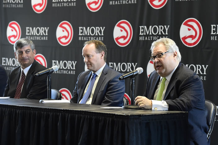 From the April 5th press conference: Scott Boden (Director, Emory Orthopedics and Spine Center and Chief Medical Officer, Emory Orthopaedics and Spine Hospital), Mike Budenholzer (Atlanta Hawks President of Basketball Operations and Head Coach), and Steve Koonin (Atlanta Hawks CEO)
