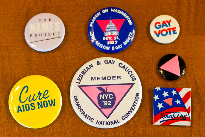 This array of political and activist buttons is part of the LGBT collection in MARBL.