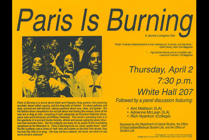Paris Burning: A flyer promoting the 1992 Emory campus screening of ¿Paris is Burning,¿ a film about New York City¿s drag scene in the 1980s, following by a panel discussion. Credit: Emory University Archives, MARBL, Emory University.