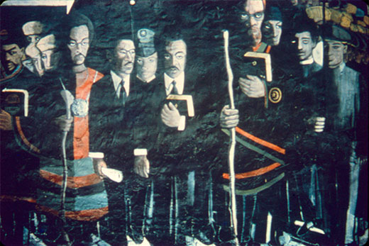 Photograph of the bottom section of William Walker's mural mural "Peace and Salvation, Wall of Understanding," oil paint on masonry