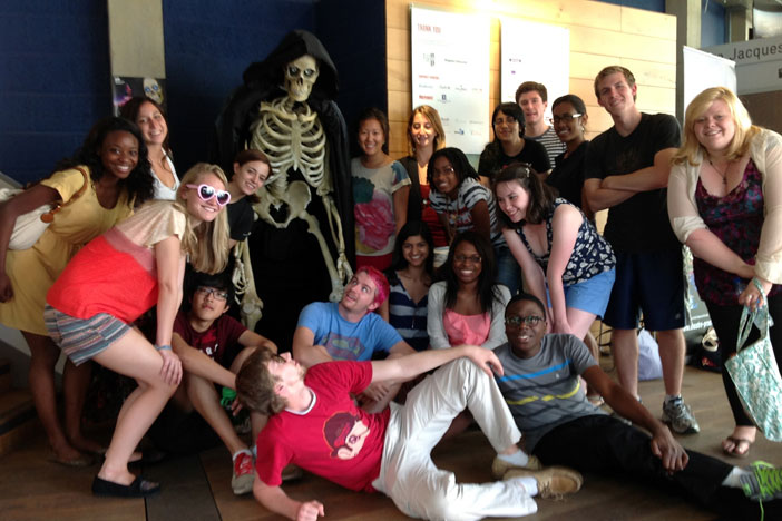 Emory British Studies Program students pose with a life-sized puppet used to advertise a forthcoming play, which reminded them of Dooley. They were at the Rose Theatre, Kingston upon Thames, where they were participating in workshops and rehearsing various drama pieces.