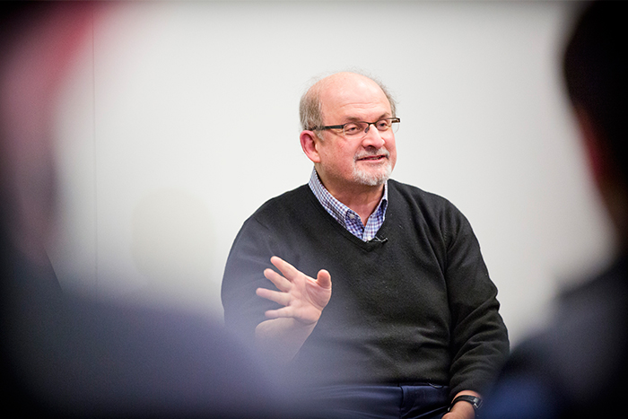 Author Salman Rushdie discussed his college experiences during an event for "CoLA Conversations: The Emory Story Project." After Rushdie¿s remarks, the audience of students, faculty and alumni participated in "story circles" to share their own experiences. Emory Photo /Video
