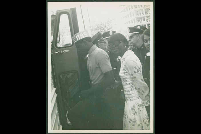 Photograph of protesters being arrested during the Charleston hospital workers strike in South Carolina, 1969