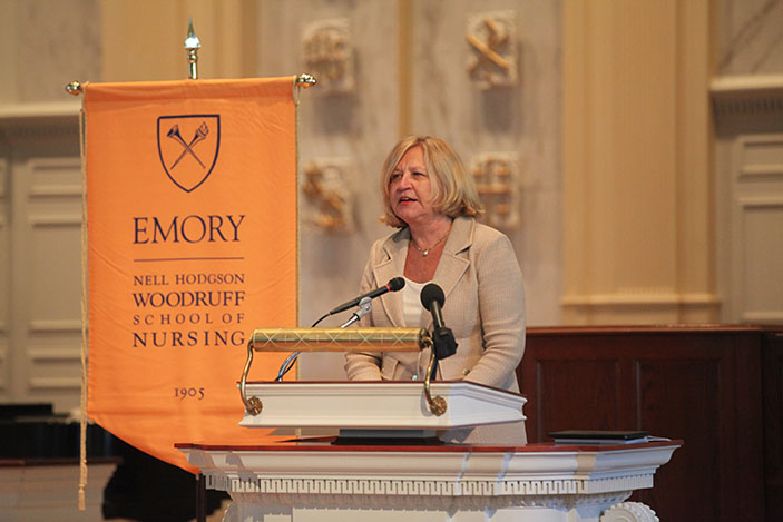 Dean Linda McCauley welcomes students, families, loved ones, and alumni to Fall Convocation at Glenn Memorial Chapel.