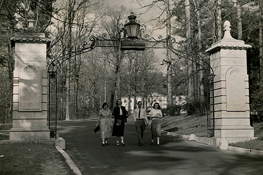 Dedicated in 1937, the Haygood-Hopkins Memorial Gate stands at the main entrance of Emory University's main campus. This photo was taken around 1949. Credit: Emory University Archives.This aerial photo of the Quad on the Emory campus was taken in the late 1950s or early1960s. Credit: Emory University Archives