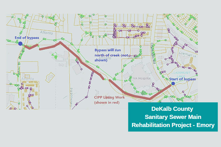 A map of the DeKalb County sanitary sewer main rehabilitation project at Emory showing that the bypass will run north of the creek